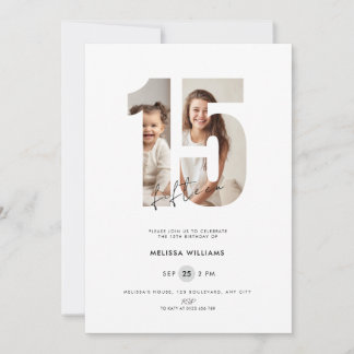 Aangepaste witte foto 15e verjaardagsuitnodiging m kaart