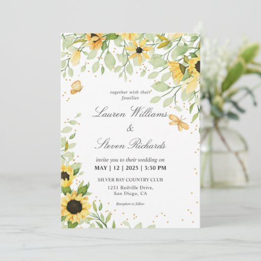 Aangepaste Witte Gele Zonnebloemen & Vlinderbruilo Kaart (Staand voorkant)