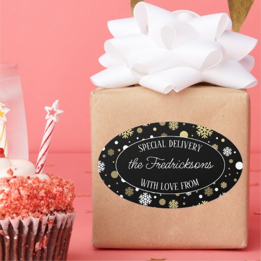 Aangepaste witte goudvlekken op zwarte vlekken ovale sticker (Feest)