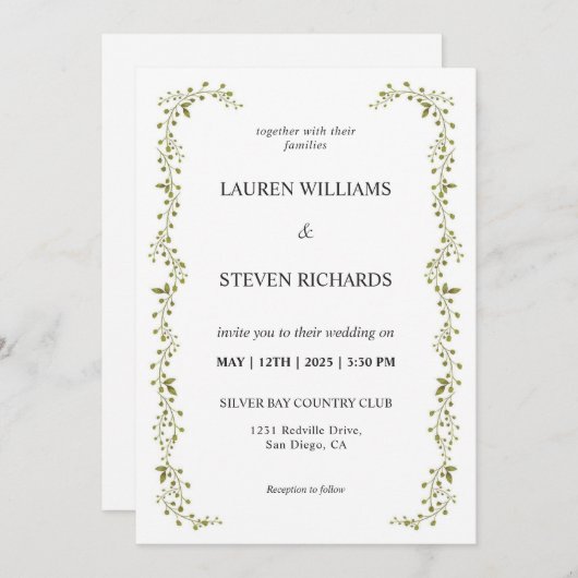 Aangepaste witte groene blad grens bruiloft kaart (Voorkant / Achterkant)
