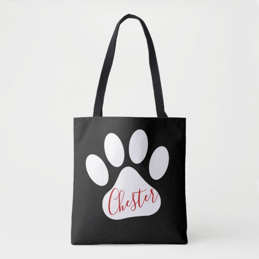 Aangepaste witte hond poot motief op zwarte achter tote bag (Voorkant)