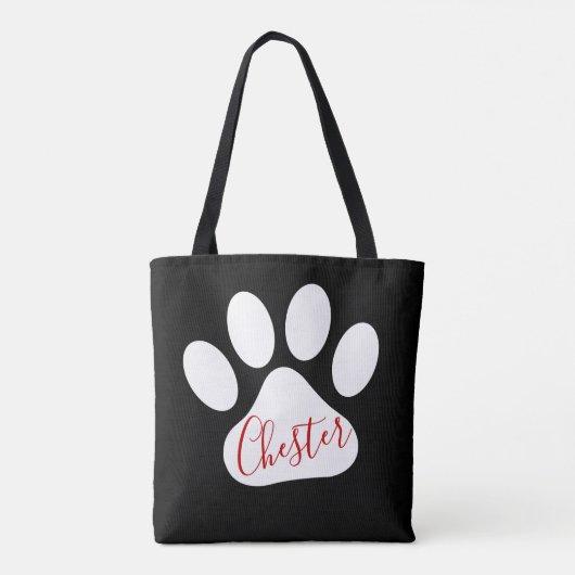 Aangepaste witte hond poot motief op zwarte achter tote bag (Achterkant)