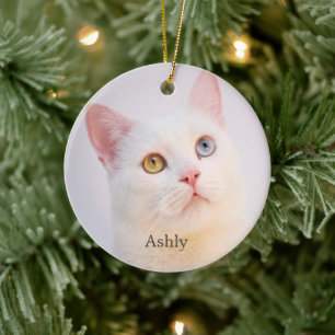 Aangepaste witte kat foto gepersonaliseerd keramisch ornament