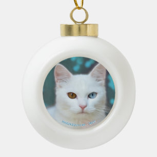 Aangepaste witte kattenfoto & bewerkbare tekst keramische bal ornament