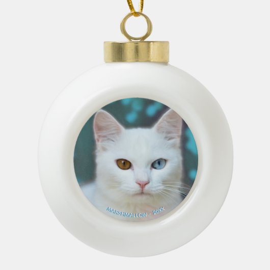 Aangepaste witte kattenfoto & bewerkbare tekst keramische bal ornament (Voorkant)