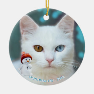 Aangepaste witte kattenfoto met een leuk sneeuwman keramisch ornament