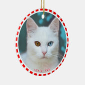 Aangepaste witte kattenfoto met rood & wit frame keramisch ornament (Rechts)