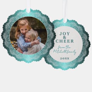 Aangepaste witte Mandala krans op Ocean Blue Ornament Kaart