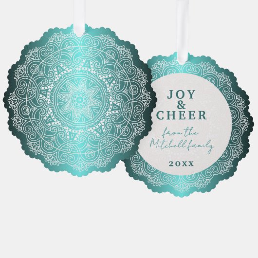 Aangepaste witte Mandala krans op Ocean Blue Ornament Kaart (Voorkant / Achterkant)