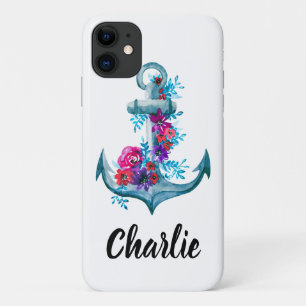 Aangepaste Witte Nautische Bloemen Waterverf Anker Case-Mate iPhone Case