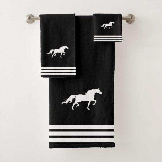Aangepaste witte paard en drie strepen op zwart bad handdoek (Insitu)