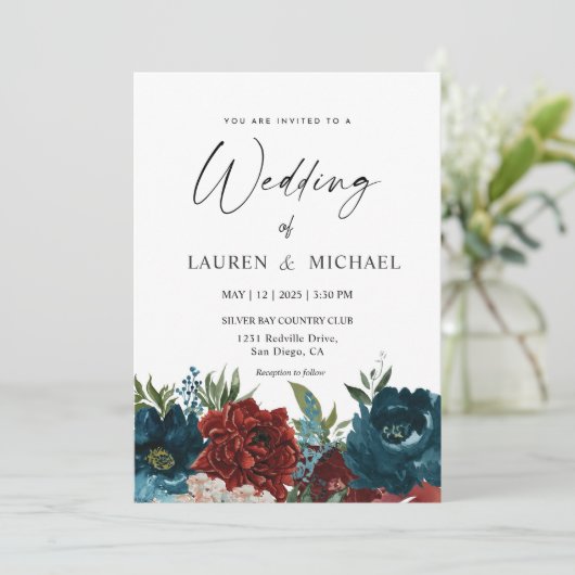 Aangepaste witte Paarse rode bloemen bruiloft Kaart (Staand voorkant)