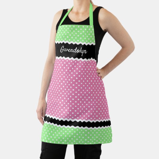 Aangepaste witte pokadots op neon roze zwart schort (Insitu)