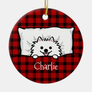 Aangepaste witte Pomeranian hond ingestopt in bed Keramisch Ornament