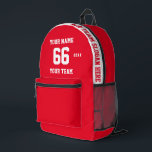 Aangepaste witte rode naam, nummer, Team Sport Bedrukte Rugzak<br><div class="desc">Creëer uw eigen aangepaste witte rode Sport Football Stijl Gedrukte Rugzak met Naam, Nummer, Teamnaam, Slogan en Jaar. Personaliseer deze eenvoudige klassieke sjabloon voor gedrukte rugzakken met uw aangepaste bericht, naam, teamnaam en jaar. Personaliseer het gemakkelijk voor een coole sport aandenken. Creëer Uw unieke gepersonaliseerde cadeau voor coach, jongensverjaardag, football...</div>