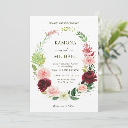 Aangepaste witte rode romantische Rozen krans brui Kaart (Staand voorkant)