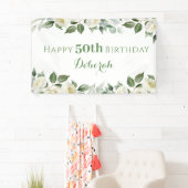 Aangepaste witte roos bloemige verjaardagsfeestje spandoek (Insitu)