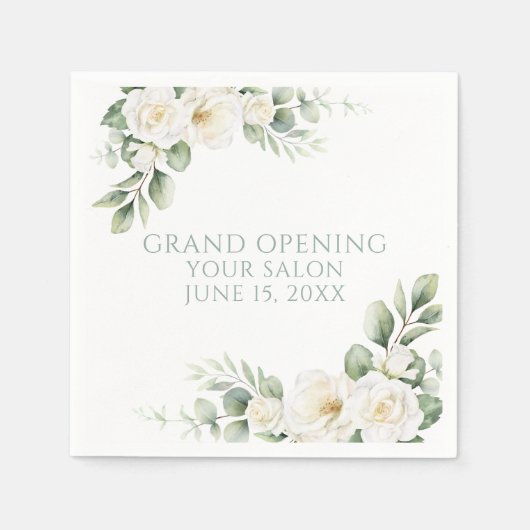 Aangepaste witte roos bloemstuk grand opening servet (Voorkant)