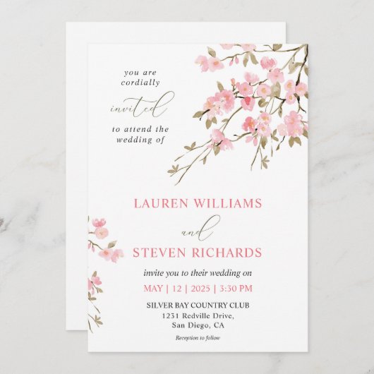 Aangepaste Witte Roze Kersenbloesem Huwelijk Kaart (Voorkant / Achterkant)