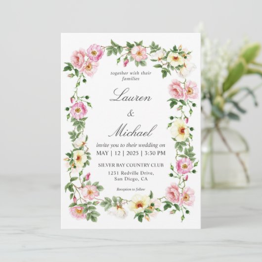 Aangepaste Witte Rozen Waterverf krans bruiloft Kaart (Staand voorkant)