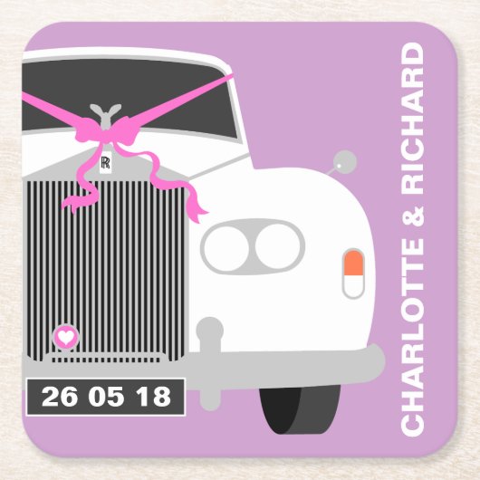 AANGEPASTE WITTE TROUWAUTO LIMO DATUM KARTONNEN ONDERZETTERS (Voorkant)