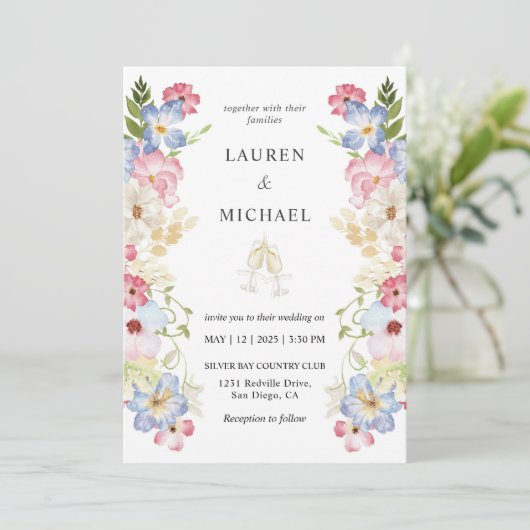 Aangepaste witte veelkleurige lente fee bruiloft kaart (Staand voorkant)