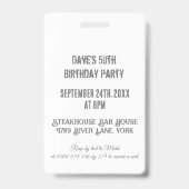 Aangepaste Witte VIP Pass Verjaardagsfeestuitnodig Badge (Achterkant)