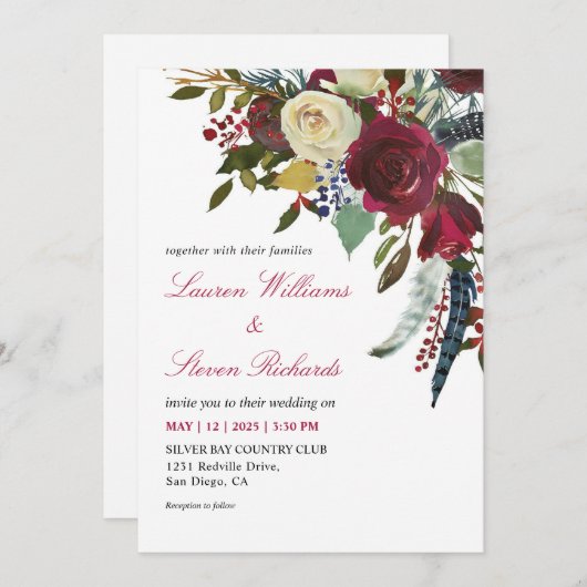 Aangepaste Witte Wijn Rode Boho Bordo Bloemen Huwe Kaart (Voorkant / Achterkant)