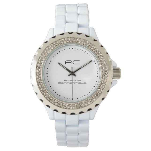 Aangepaste witte zilver monogram horloge (Voorkant)