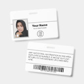 Aangepaste witwerknemer: foto, streepjescode, Logo Badge (Voor- en achterkant)