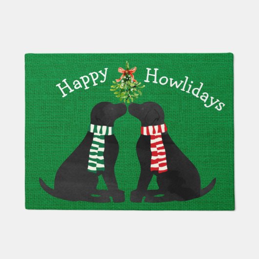 Aangepaste Xmas Black Labs Mistletoe Green Burlap Deurmat (Voorkant)