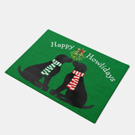 Aangepaste Xmas Black Labs Mistletoe Green Burlap Deurmat (Schuin)