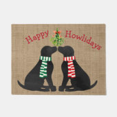 Aangepaste Xmas Black Labs Mistletoe Tan Burlap Deurmat (Voorkant)