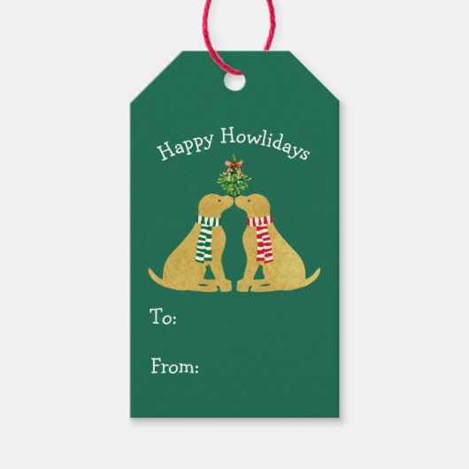 Aangepaste Xmas Golden Retrievers die Mistletoe ku Cadeaulabel (Voorkant)