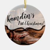 Aangepaste XMAS Ornament Cowboy Boots Barn Wood (Voorkant)