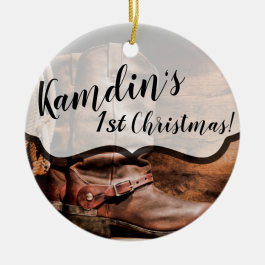Aangepaste XMAS Ornament Cowboy Boots Barn Wood (Voorkant)