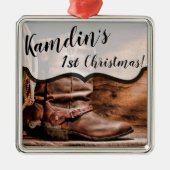Aangepaste XMAS Ornament Cowboy Boots Barn Wood (Voorkant)