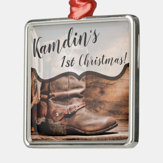 Aangepaste XMAS Ornament Cowboy Boots Barn Wood (Links)