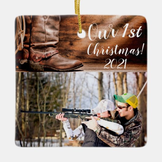 Aangepaste XMAS-versiering Cowboy Boots Barn Wood Keramisch Ornament (Voorkant)