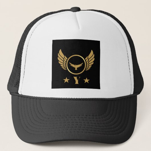 Aangepaste Y-letter Gold Eagle vleugels Wit en Zwa Trucker Pet (Voorkant)