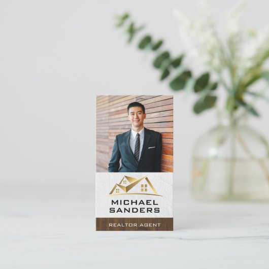 Aangepaste Zakelijke Foto | Gouden Vastgoedlogo Visitekaartje (Staand voorkant)