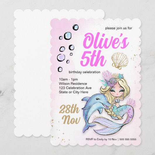 Aangepaste zeemeermin onder Zee 'Birthday Wavy Edg Kaart (Voorkant / Achterkant)