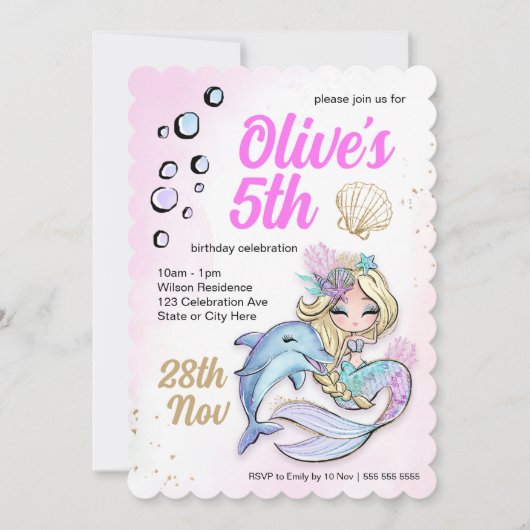 Aangepaste zeemeermin onder Zee 'Birthday Wavy Edg Kaart (Voorkant)