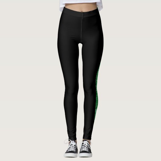 Aangepaste zijband Groene glitter Stripe op zwart Leggings (Voorkant)