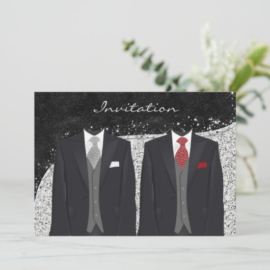 Aangepaste zilveren en grijze homohuwelijk uitnodi kaart (Staand voorkant)