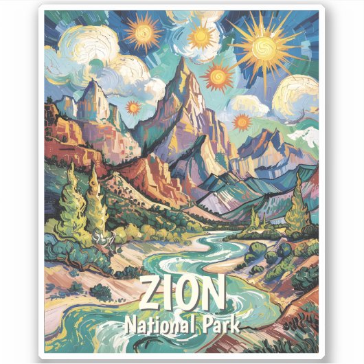 Aangepaste Zion-bergen & rivier Van Gogh Kleurrijk Sticker (Voorkant)