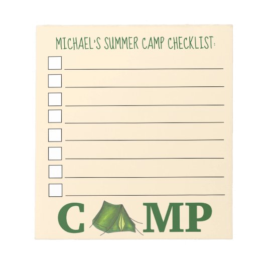 Aangepaste zomercamp Checklist Green Tent Notitieblok (Voorkant)
