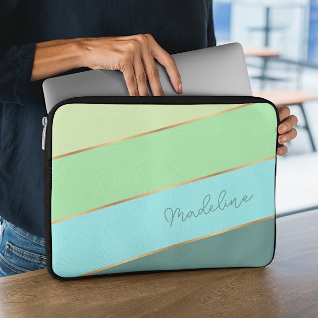 Aangepaste zomergroene zeeglade Blauwe Gele Stripe Laptop Sleeve (Creator heeft geüpload)