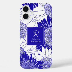 Aangepaste zonnebloem blauw en wit iPhone 16 plus hoesje
