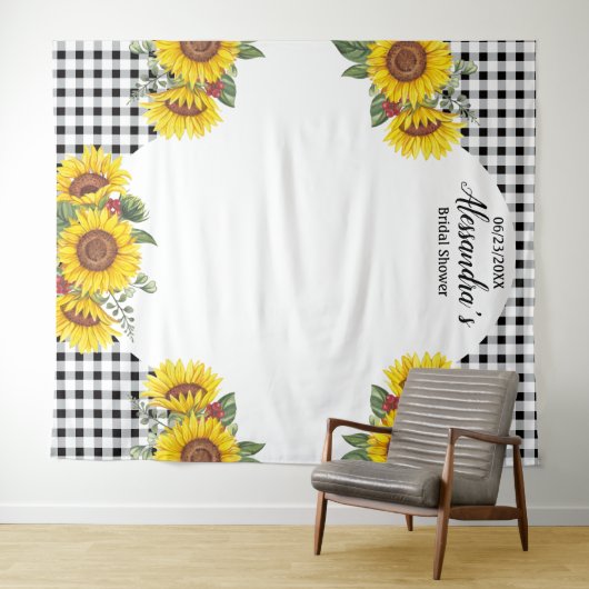 Aangepaste Zonnebloem & Gingham Foto Achtergrond D Wandkleed (In Situ (horizontaal))